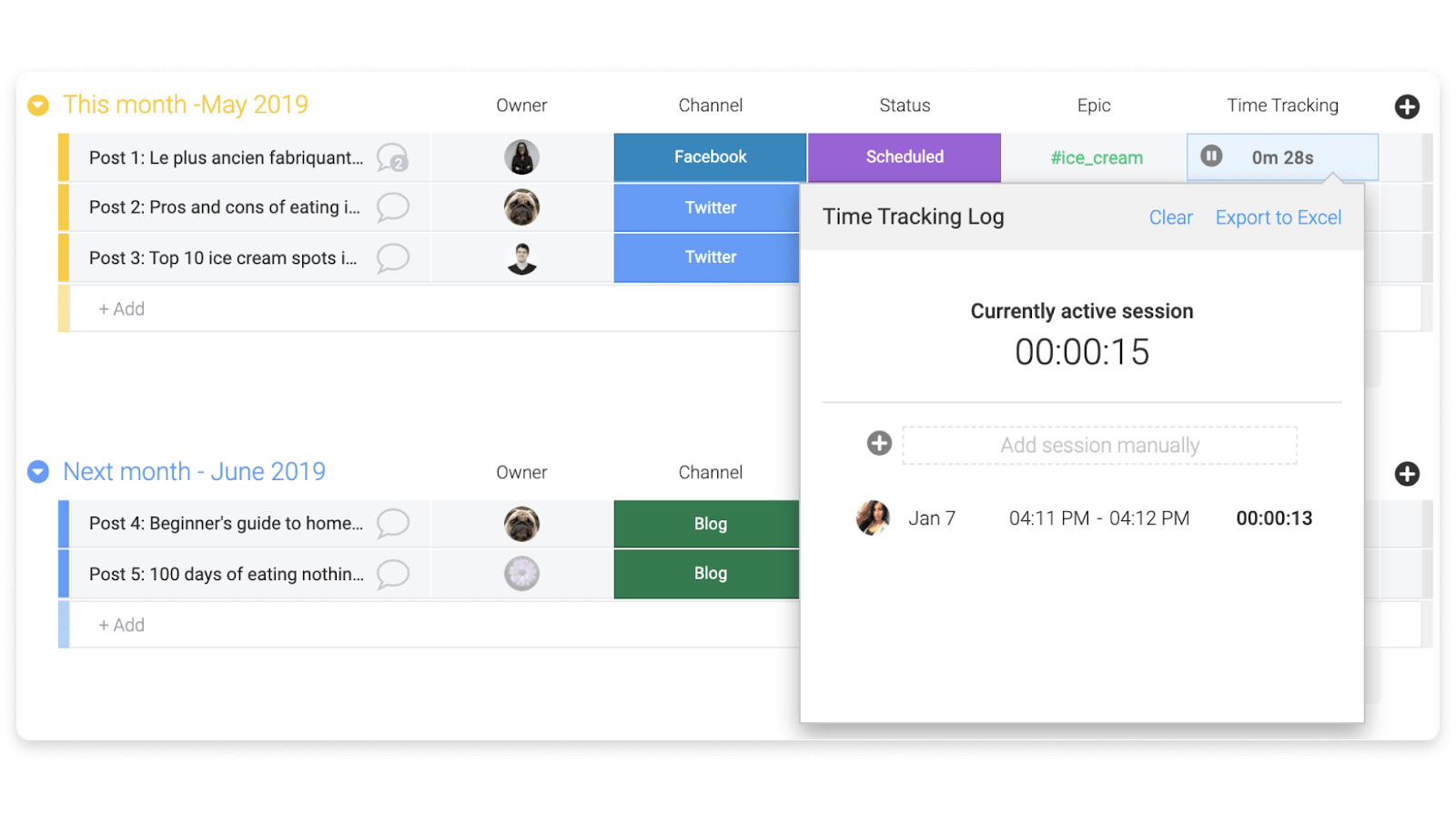 Time tracking column in a project board