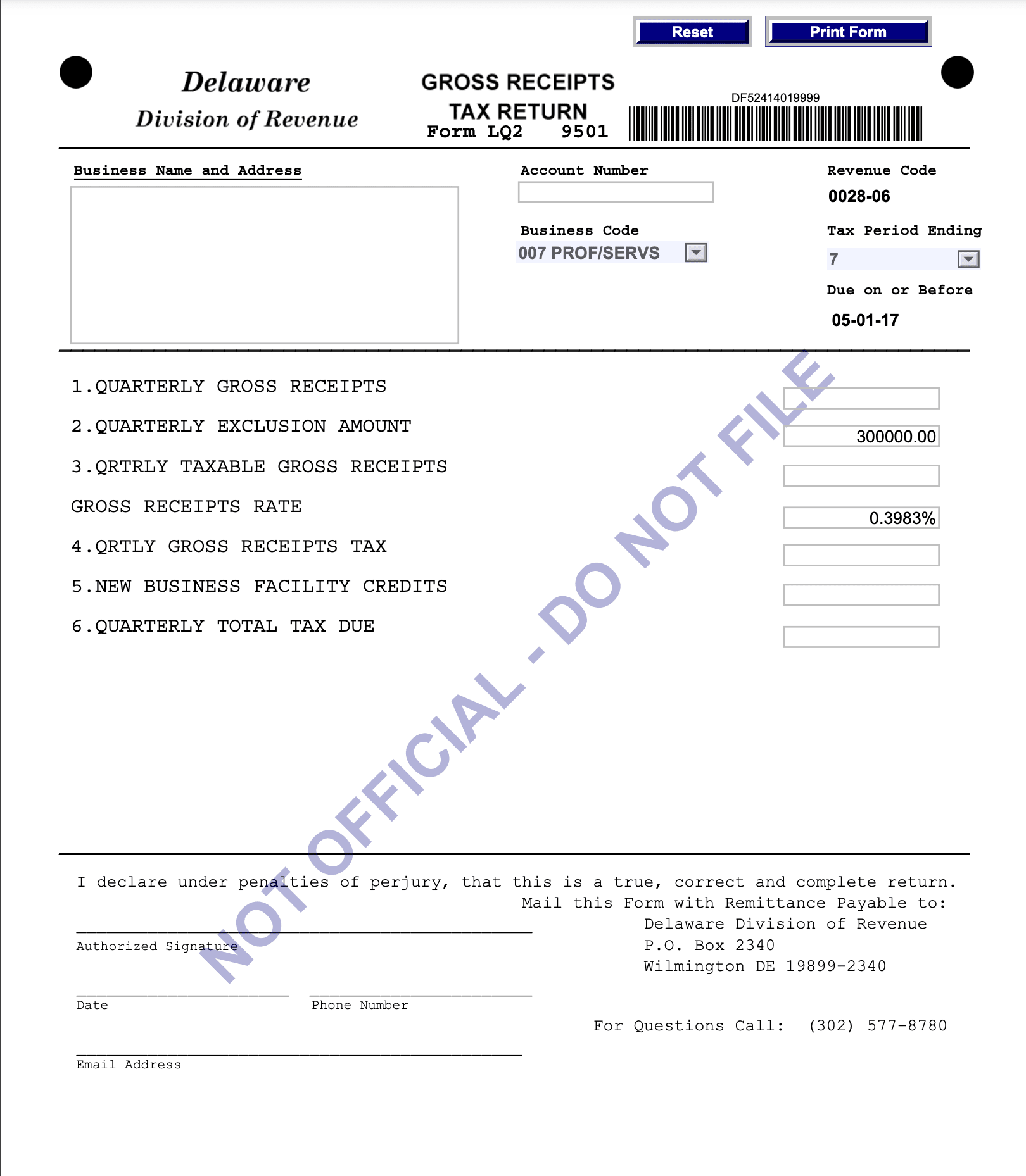 Screenshot of Delaware Division of Revenue fross receipts form