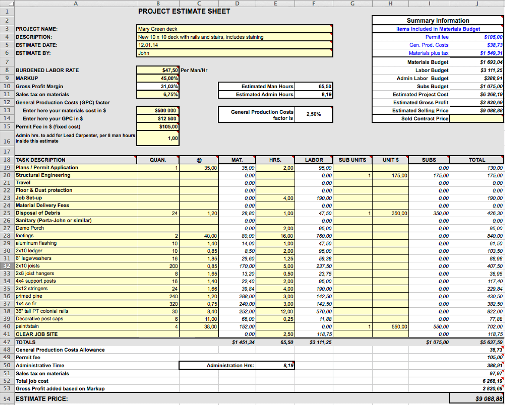 Excel Project Cost Estimate Template Free