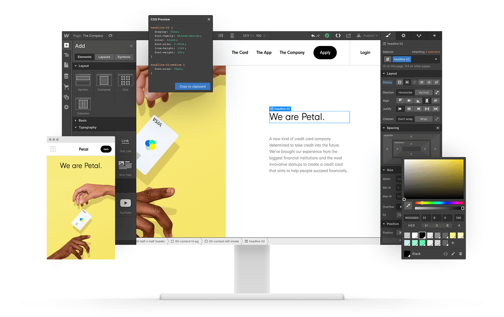 Webflow graphic illustrating the various web design features, including text editing and image design