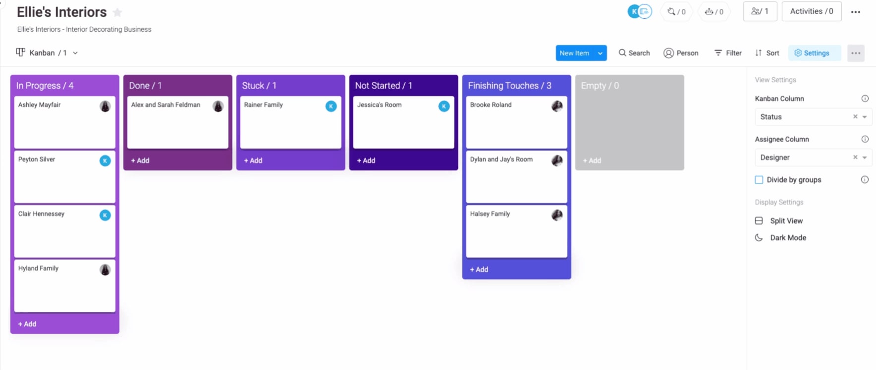 screenshot of monday.com kanban board