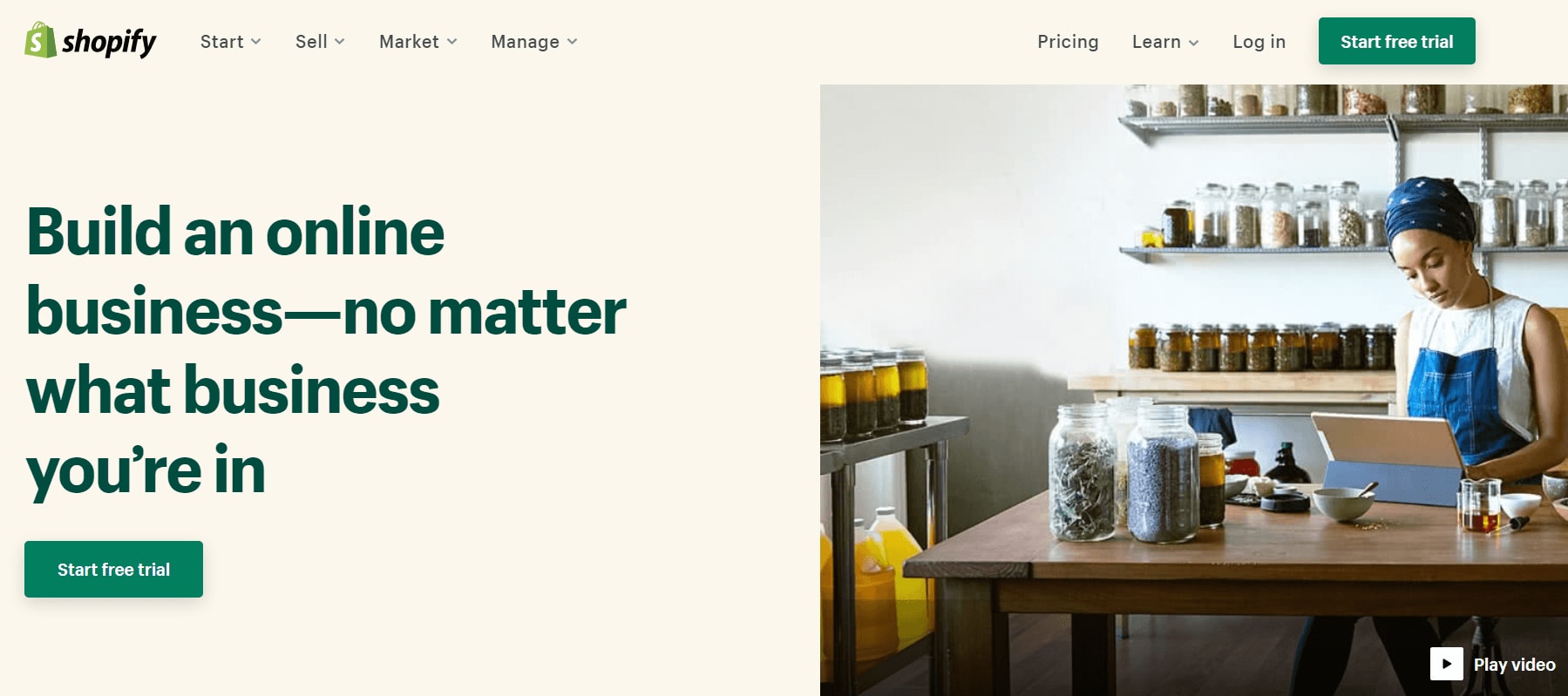 The homepage for Shopify, an eCommerce content management tool.