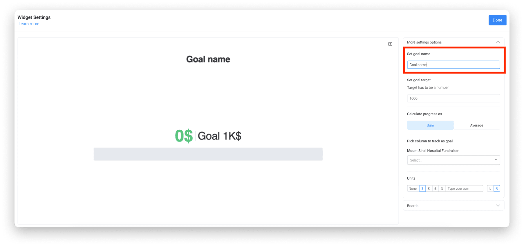 screenshot of goals widget in monday.com