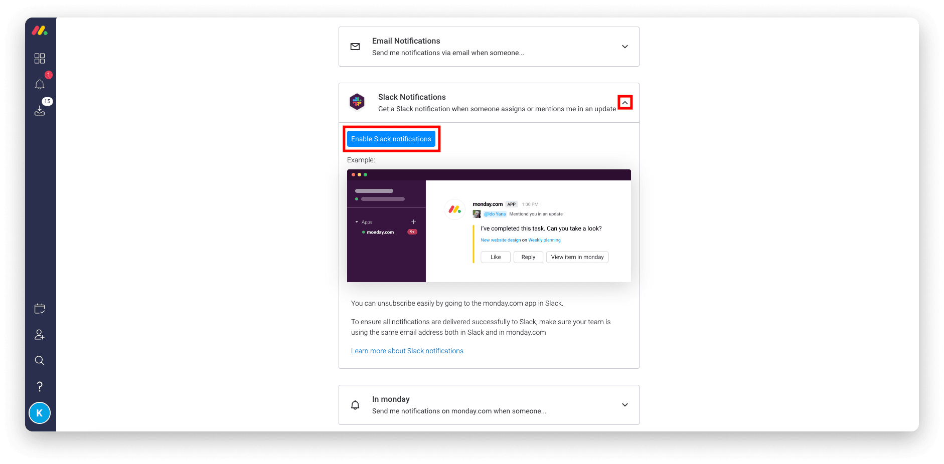 screenshot of the notification settings pane in monday.com