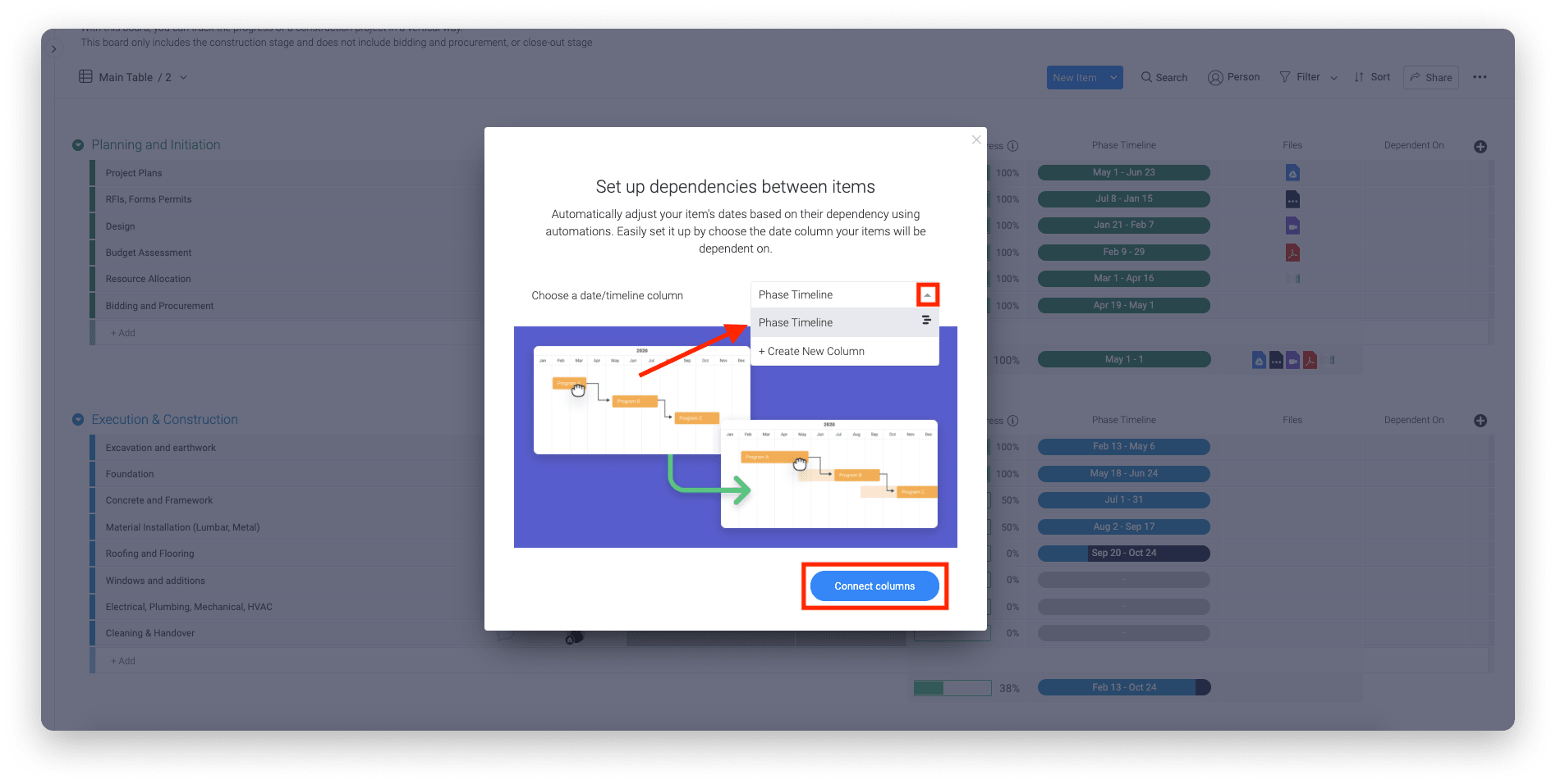 monday.com's project management software provides user with clear task dependencies