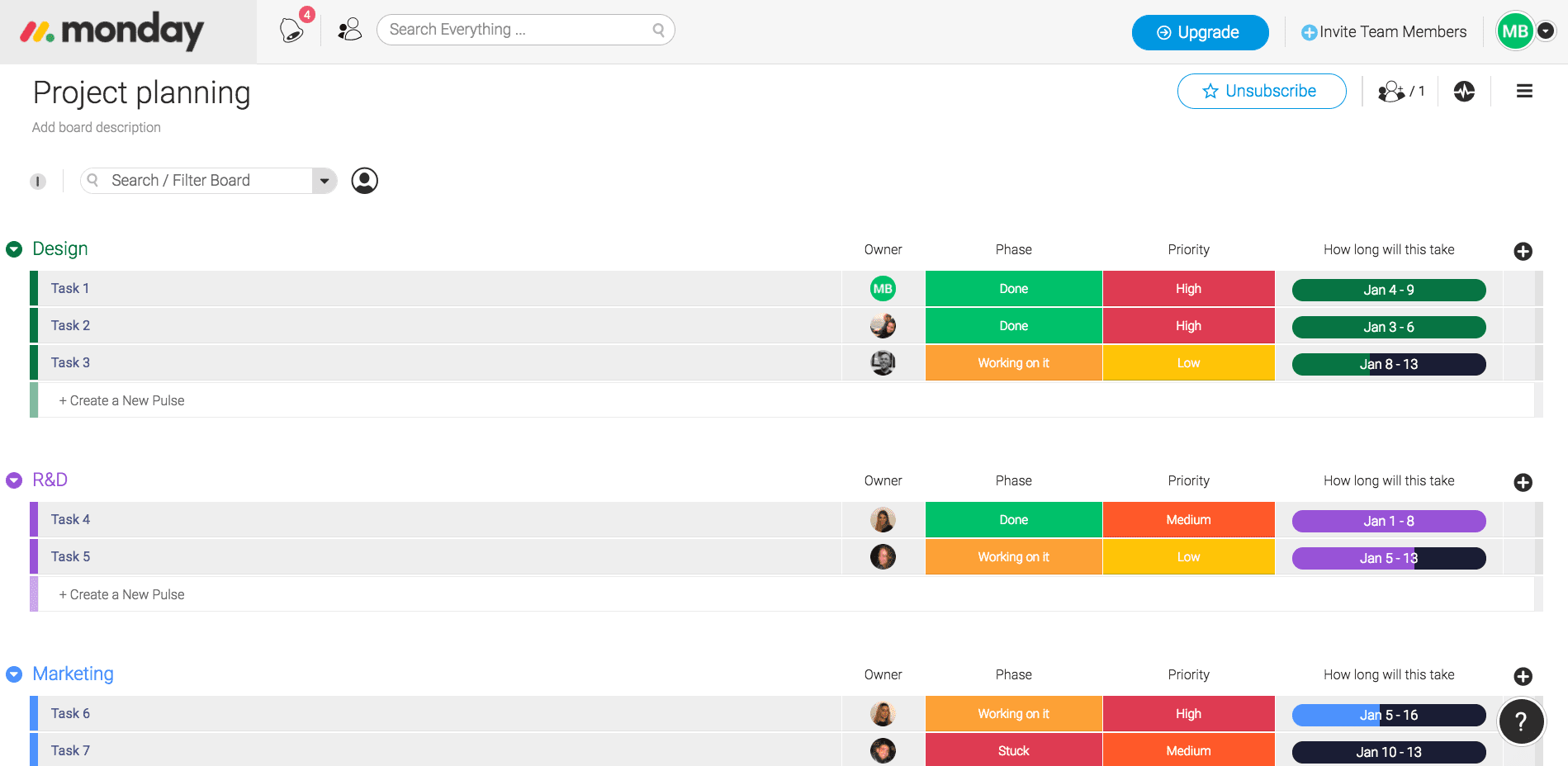 monday.com project board assigns and keep track of project activities