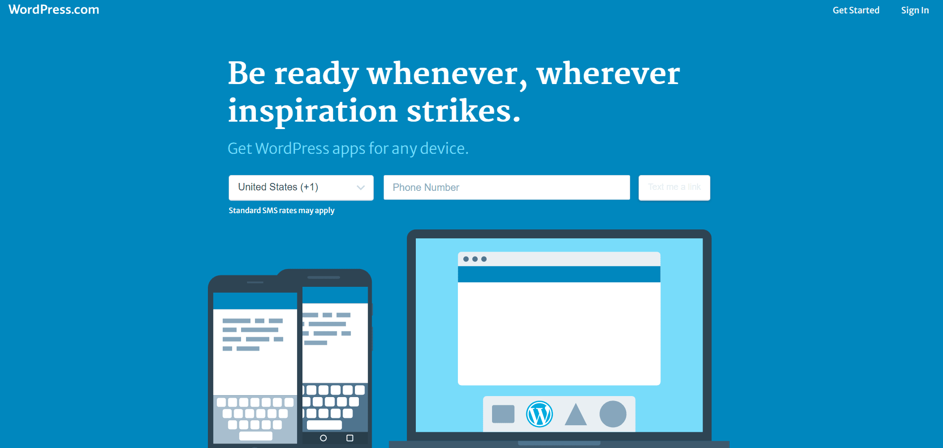 The homepage for WordPress, the most popular content management tool in the world.