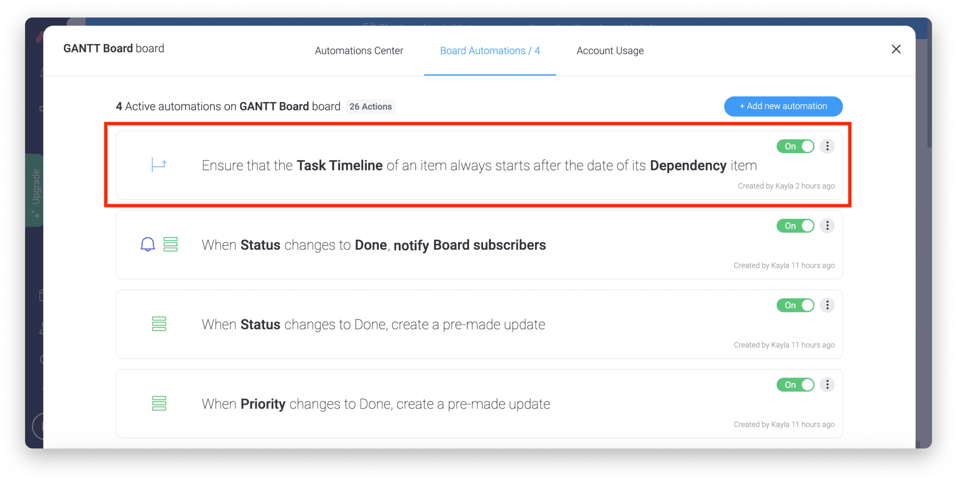 Screenshot of how to set task dependency automations for monday.com Gantt charts