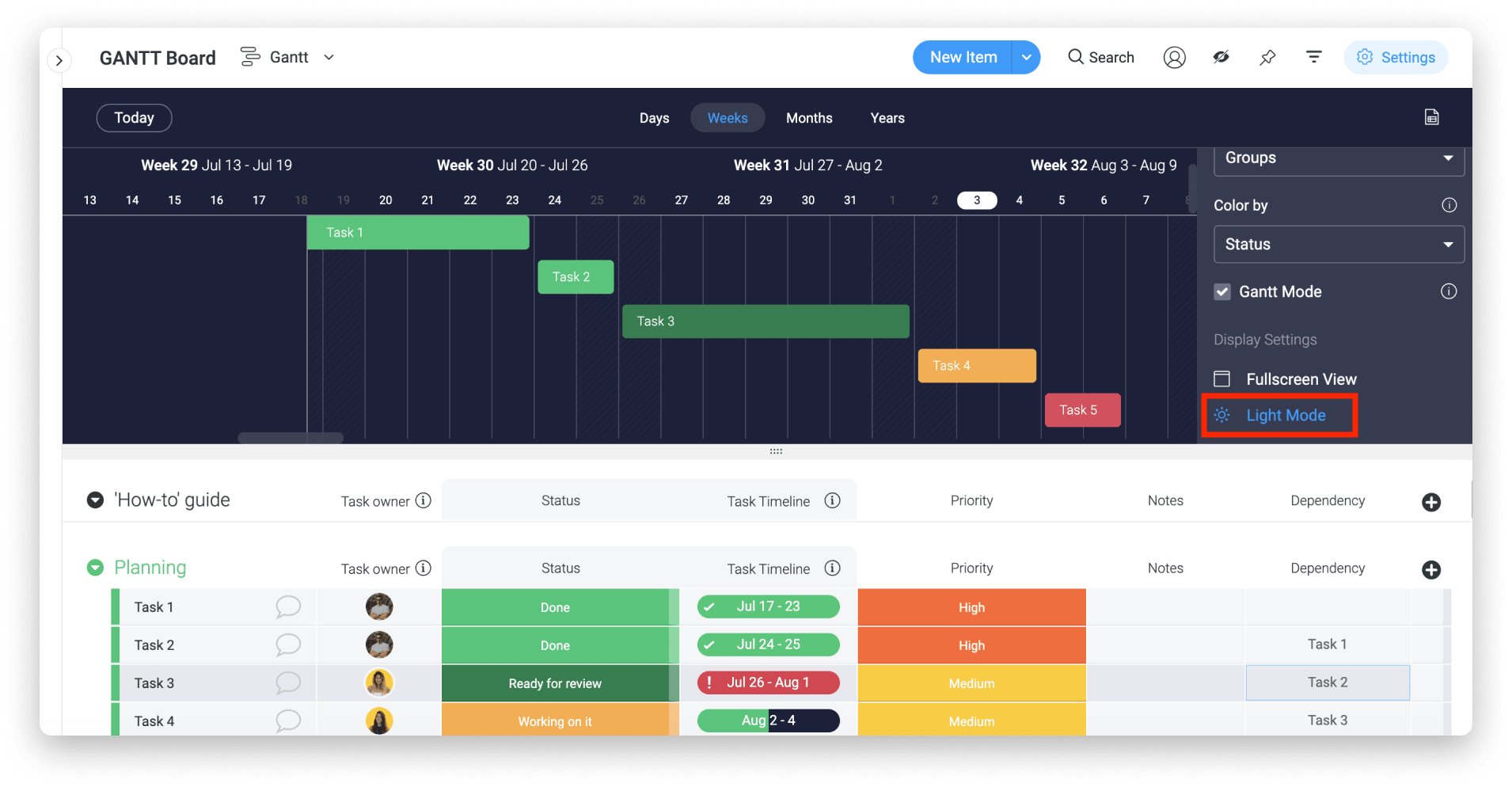 Split screen view of a task board and Gantt chart for the same project