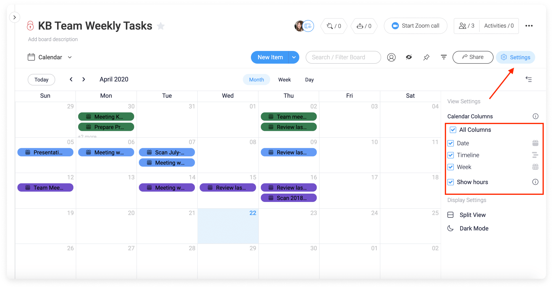 screenshot of Calendar settings in monday.com