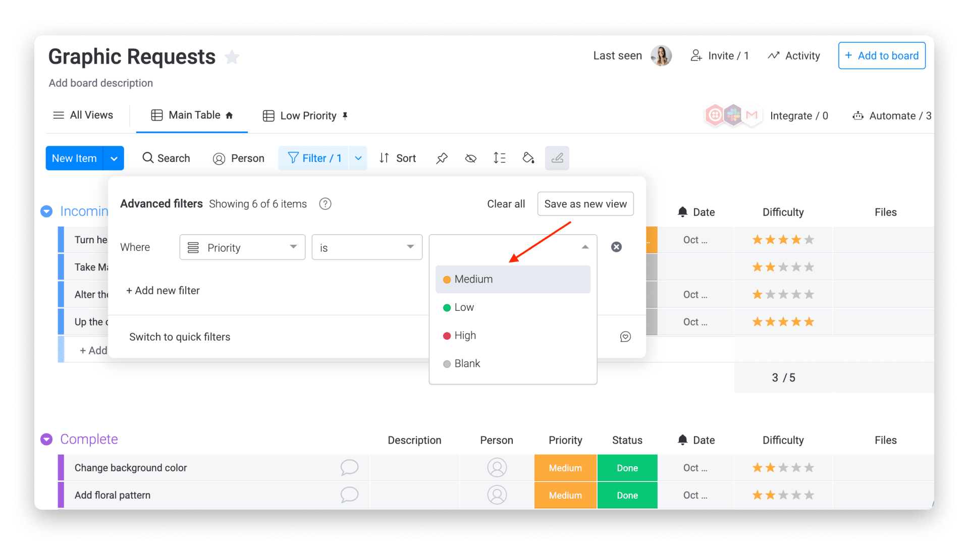 arrow pointing to monday.com filter options