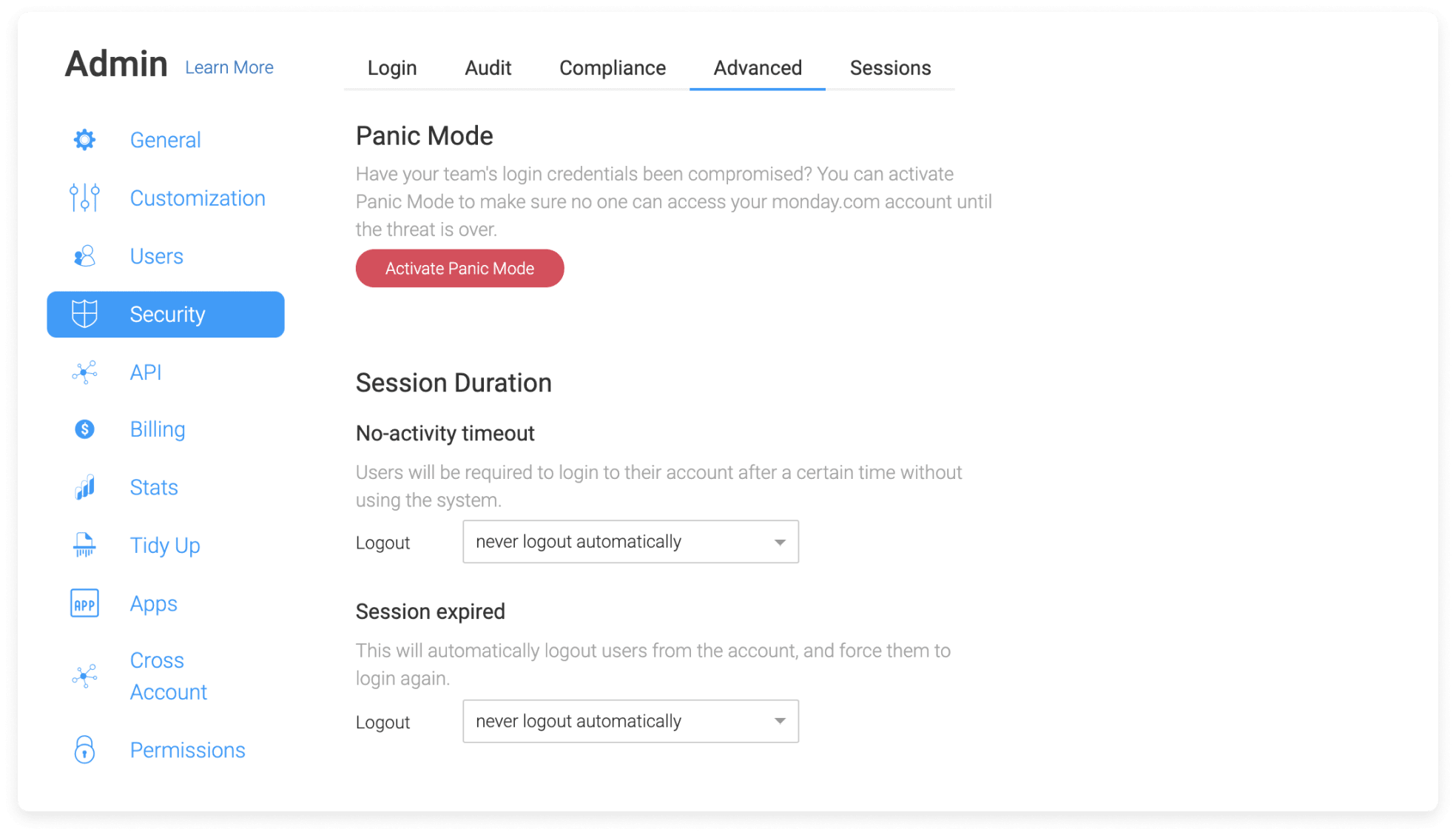 A visual of of the panic mode feature that can be activated if you believe team login credentials have been compromised. 