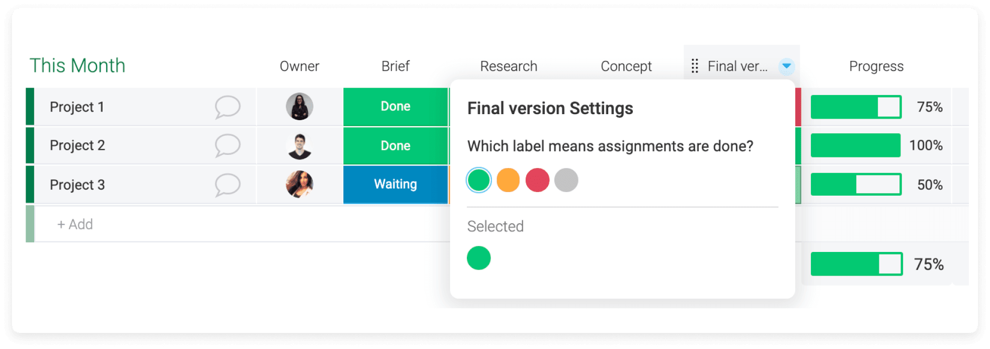 screenshot of the progress tracking column in monday.com