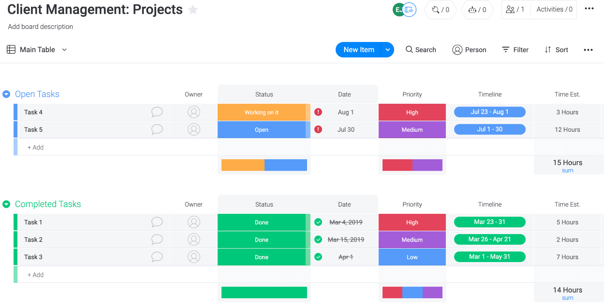 Example of monday.com client management projects template