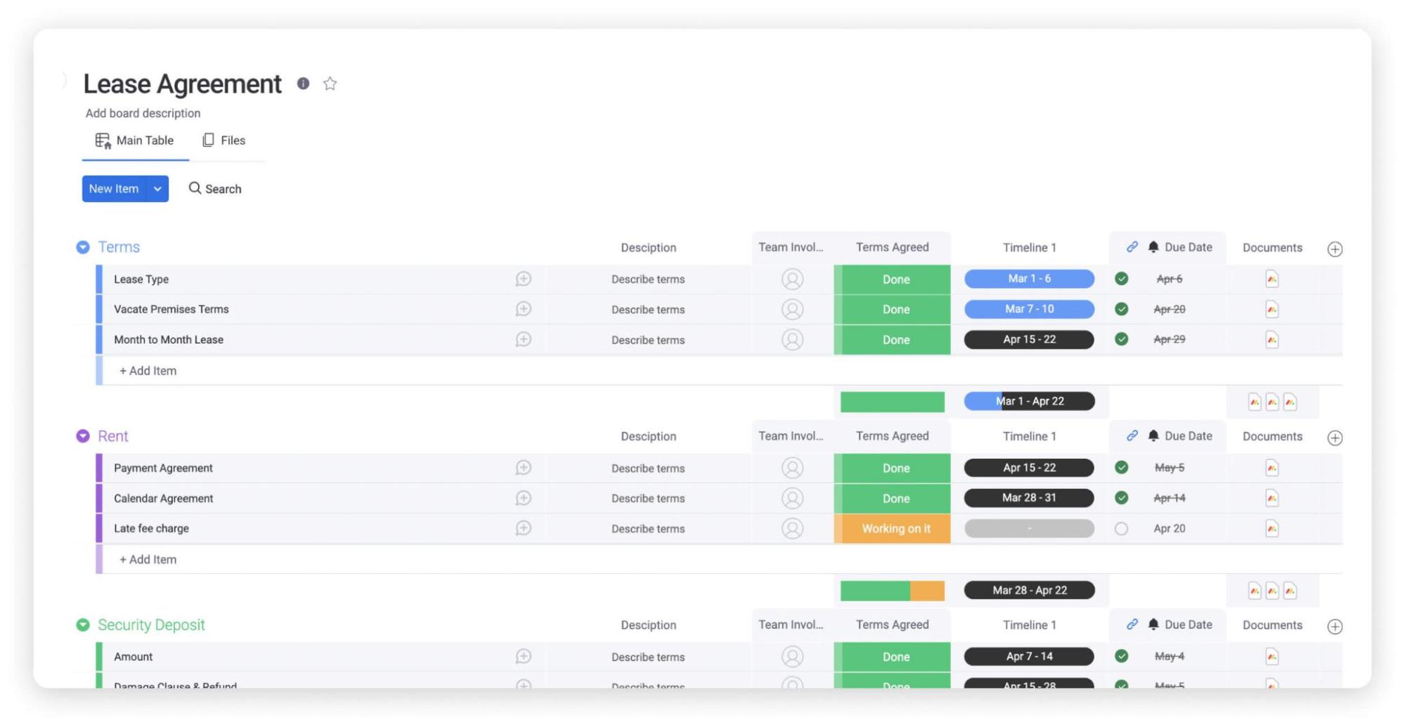 example of a lease agreement on monday.com main table view