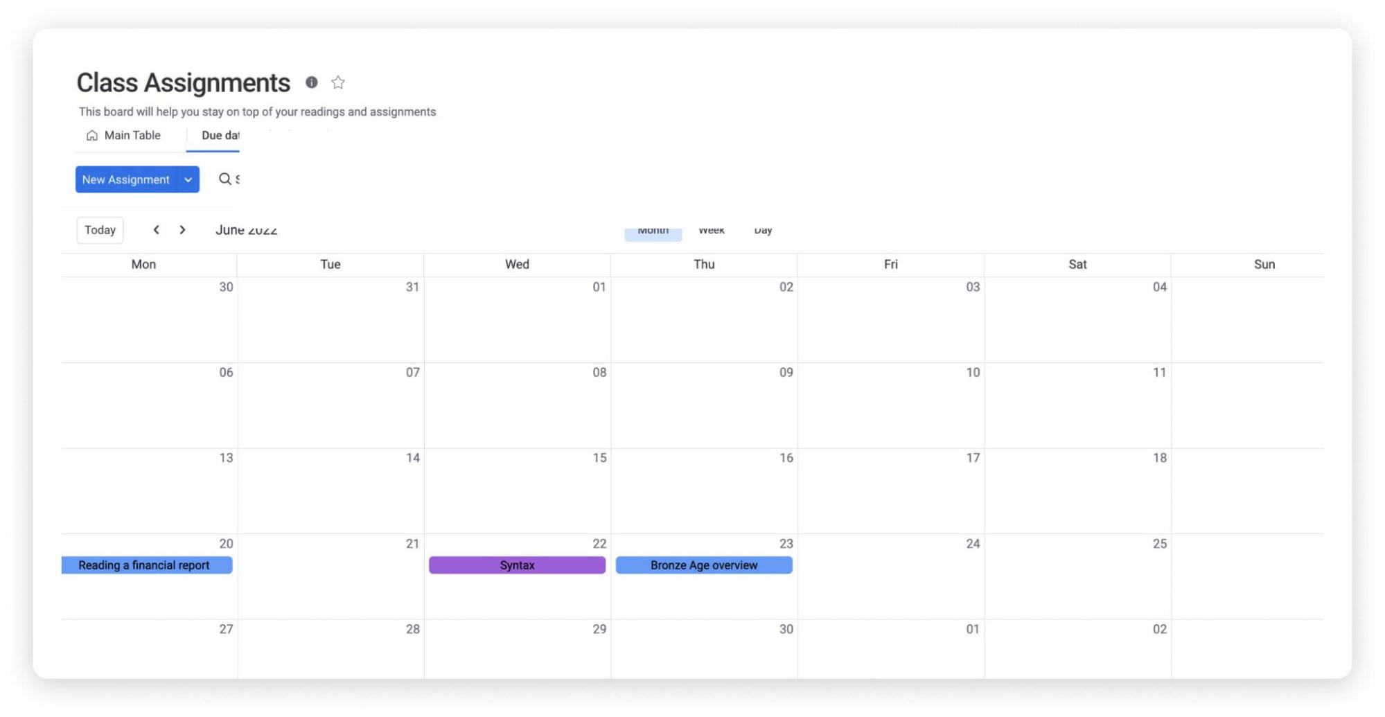 example of the monday.com time study template with calendar view