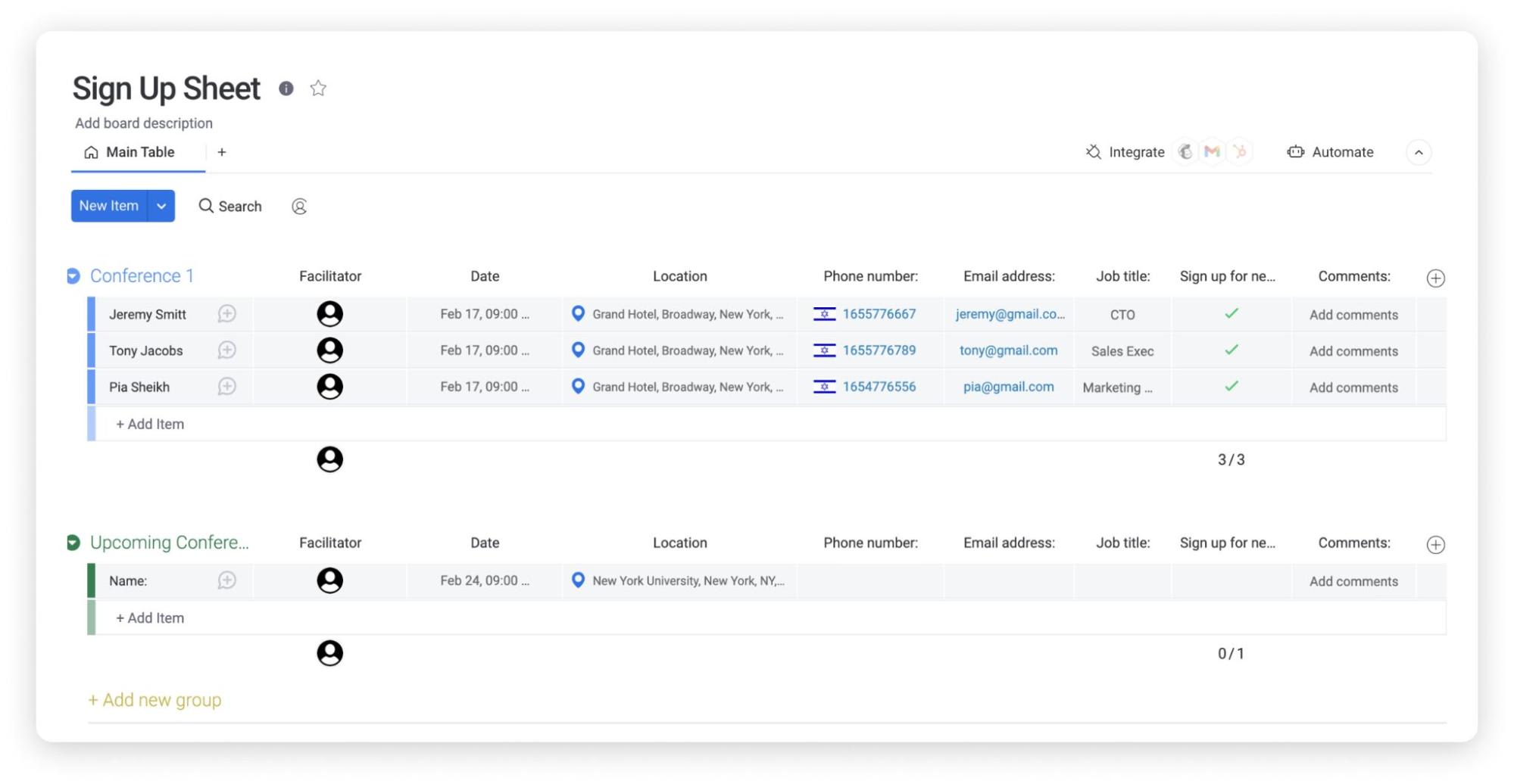 monday.com's sign-up sheet main table view screenshot