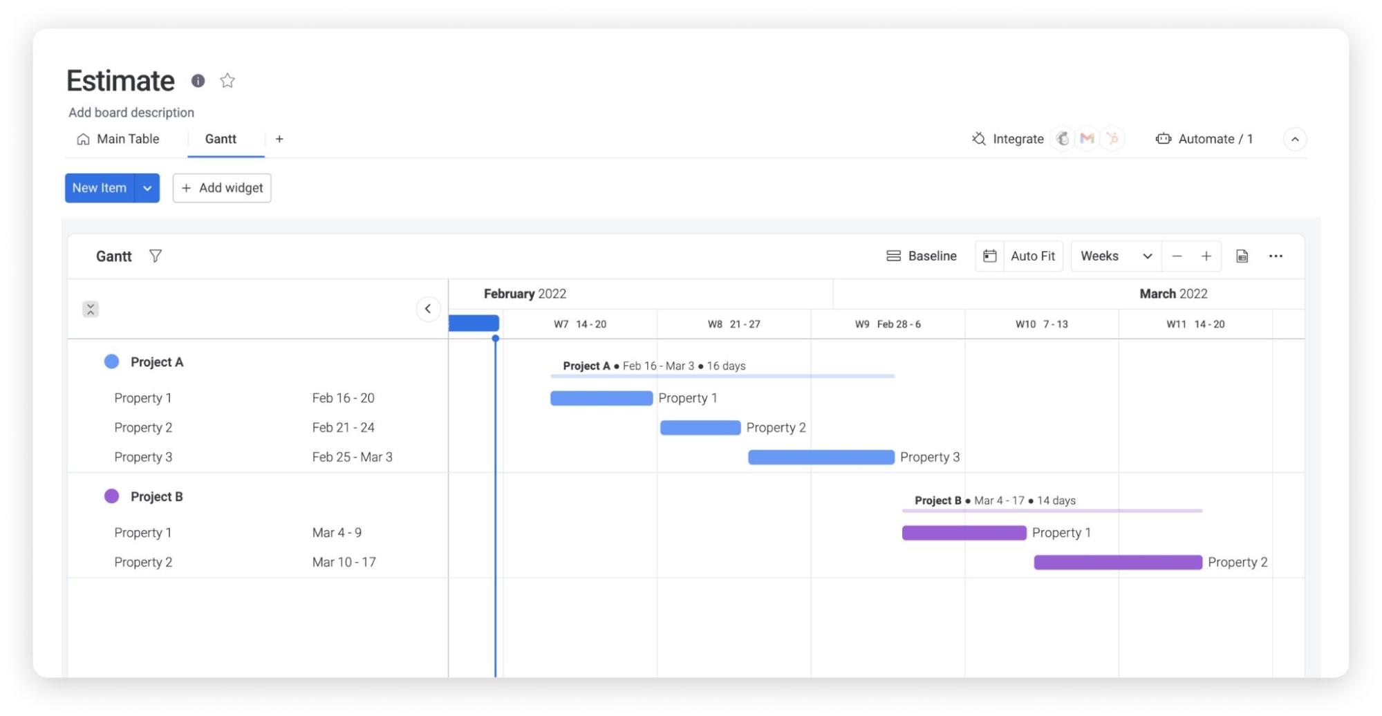 example of the Gantt chart view of an Estimate Template on monday.com