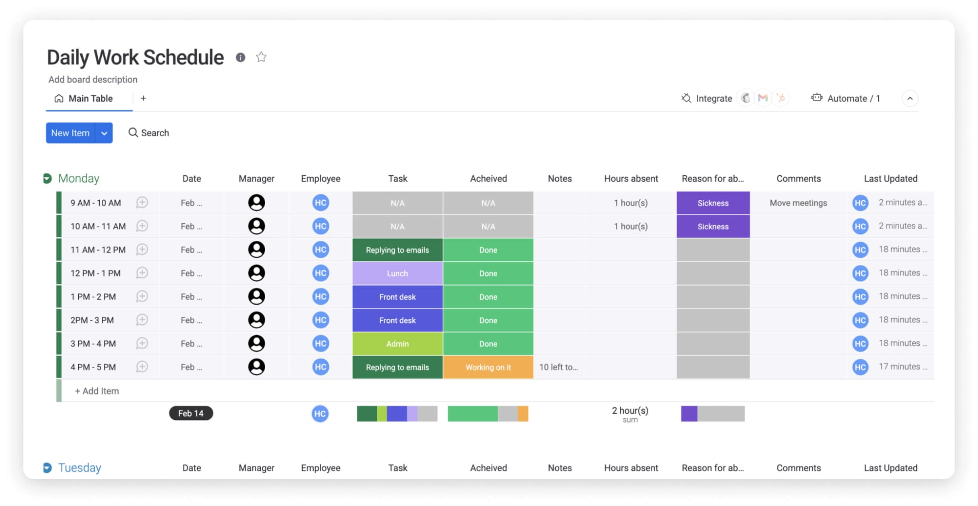 Screenshot of monday.com's daily work schedule template