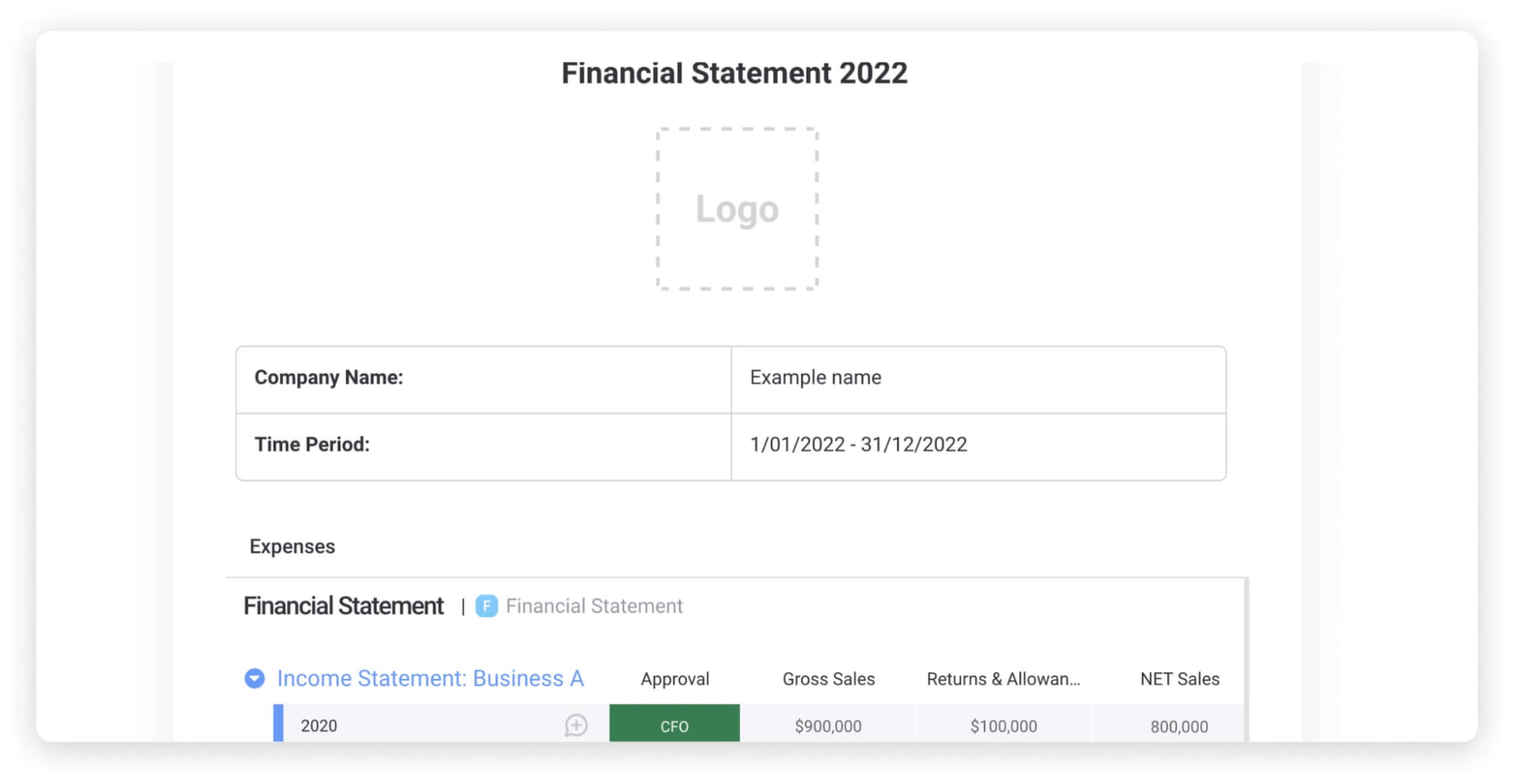 Screenshot of monday.com's financial statement template export