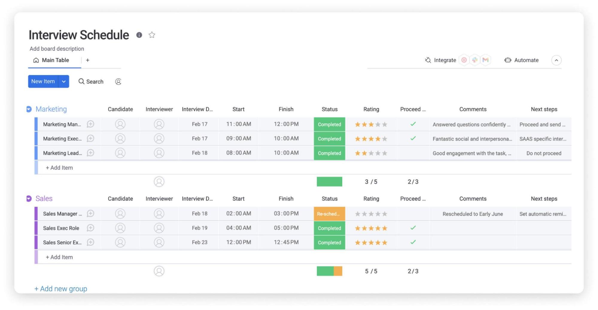 example of an interview schedule template on monday.com