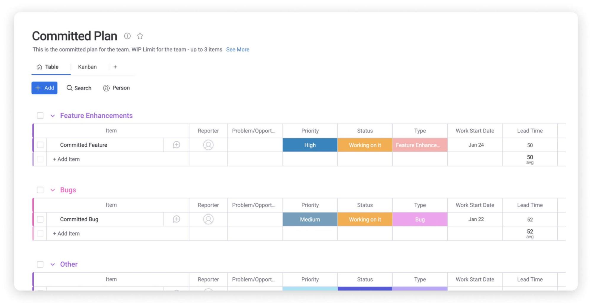 example of a Kanban board template on monday.com