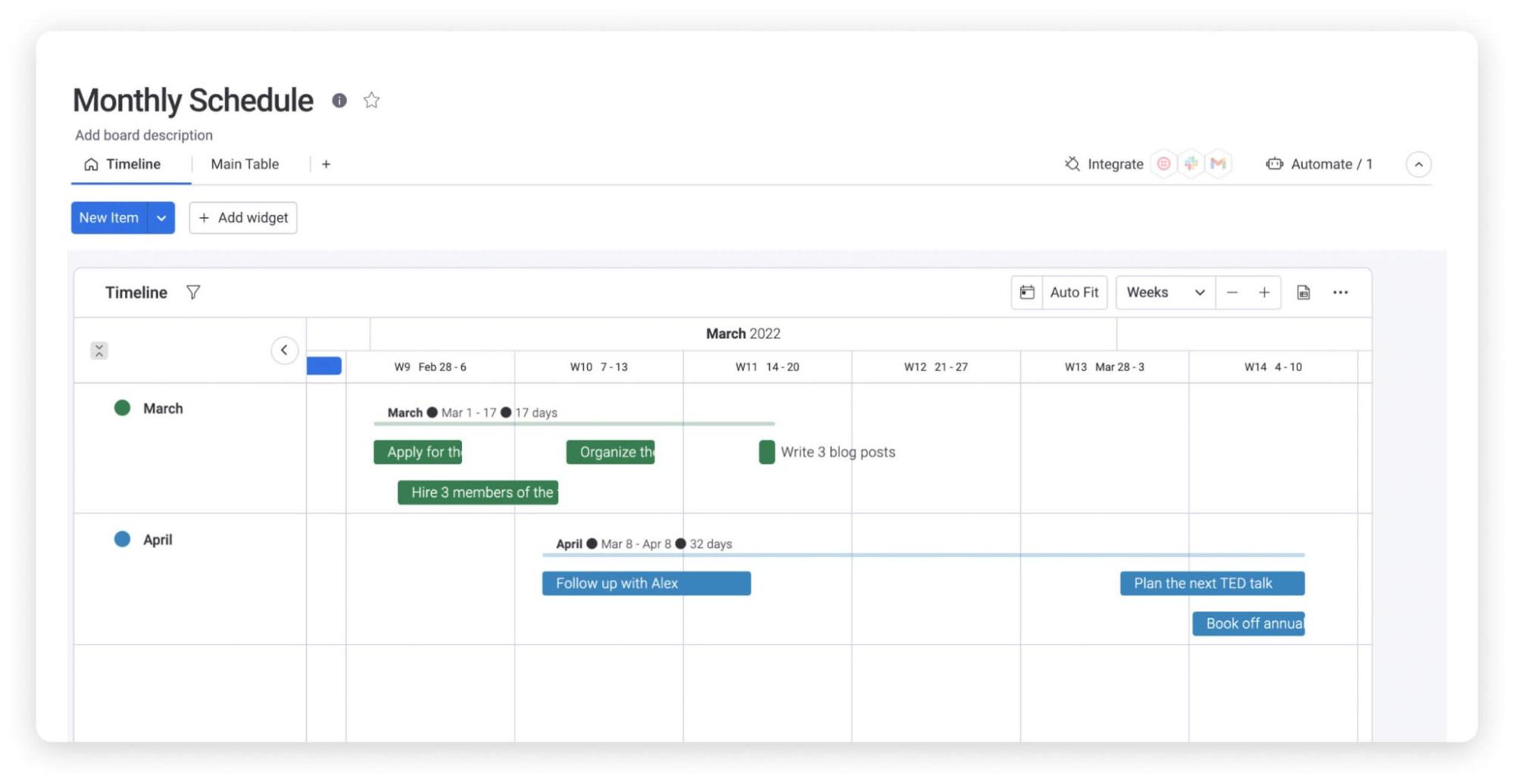 Monthly schedule timeline view example