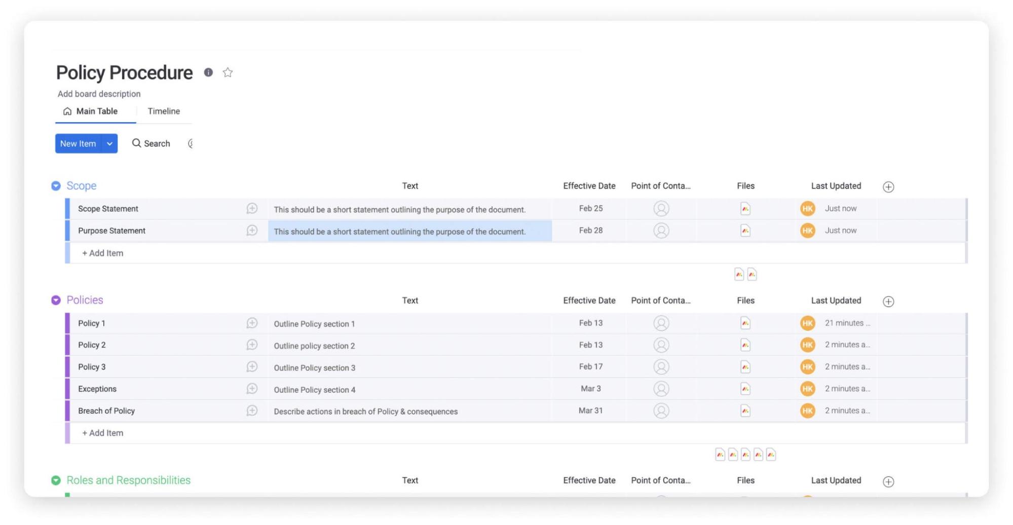 example of a policy template on monday.com with table view