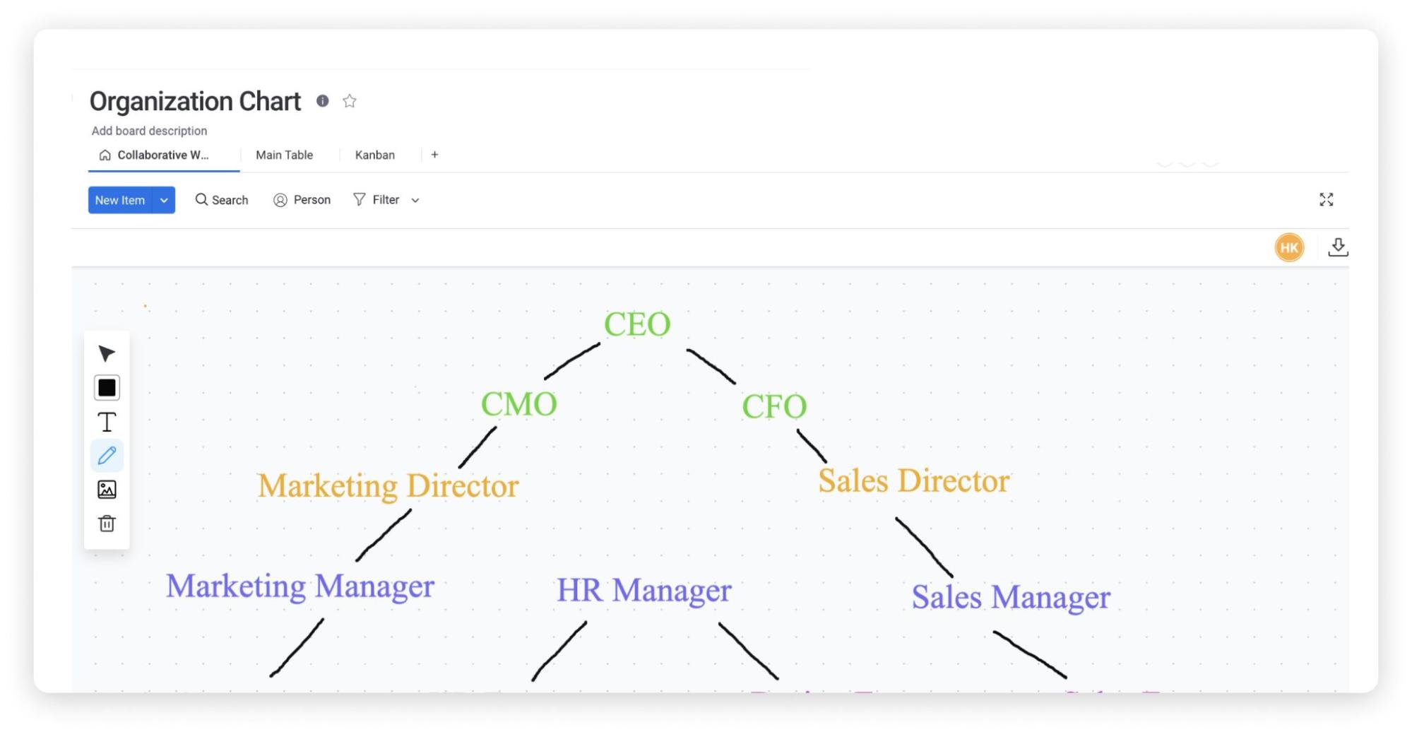 screenshot of monday.com organizational chart collaborative view