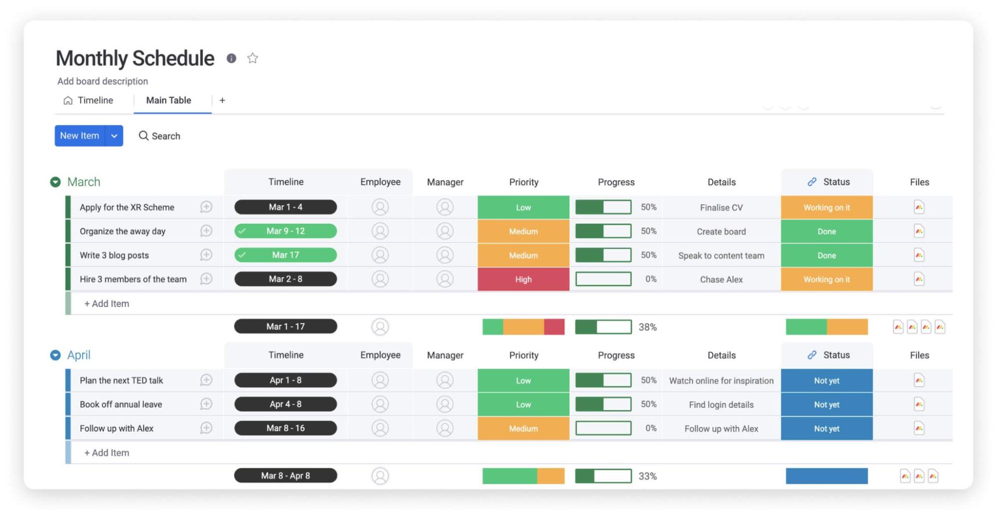 monthly schedule main table view example