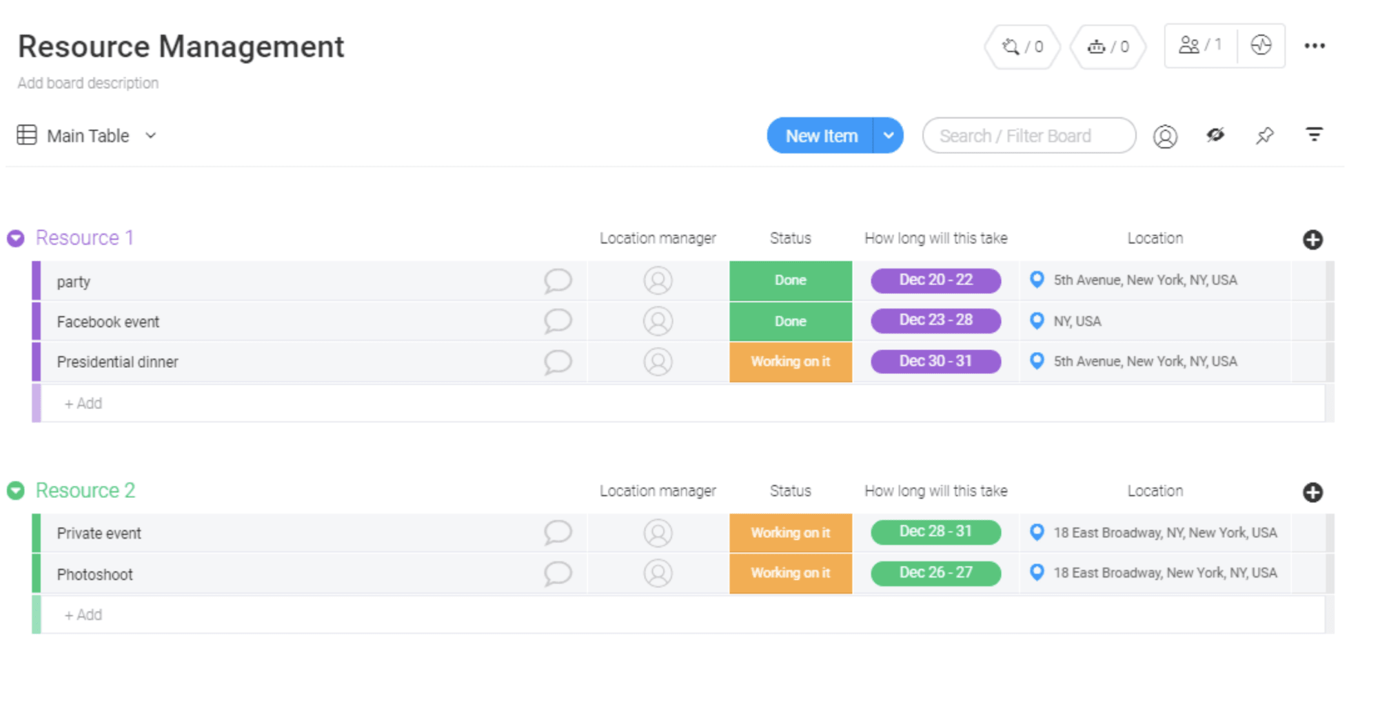 screenshot of monday.com's Resource Management template