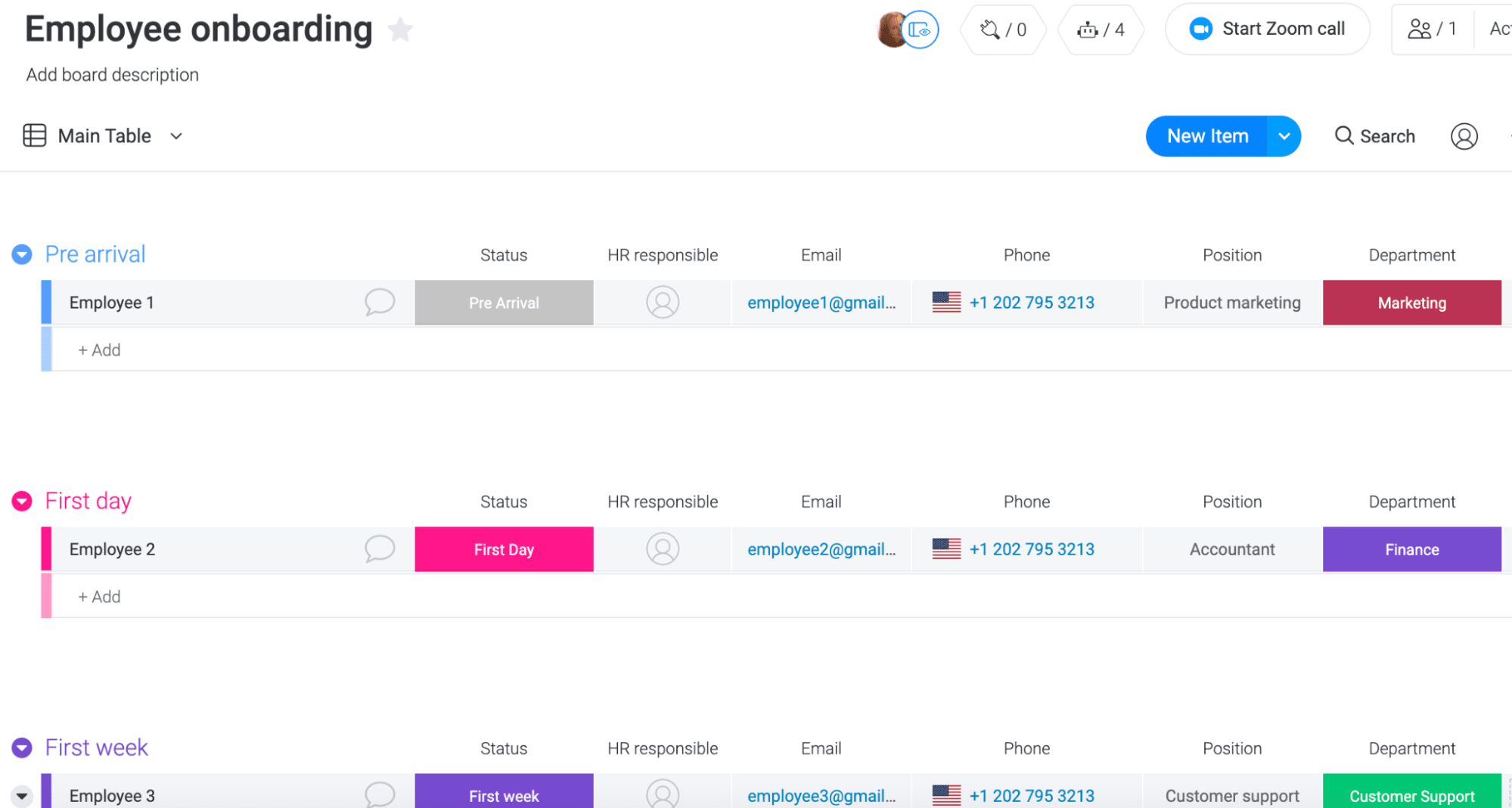 monday.com's employee onboarding template screenshot