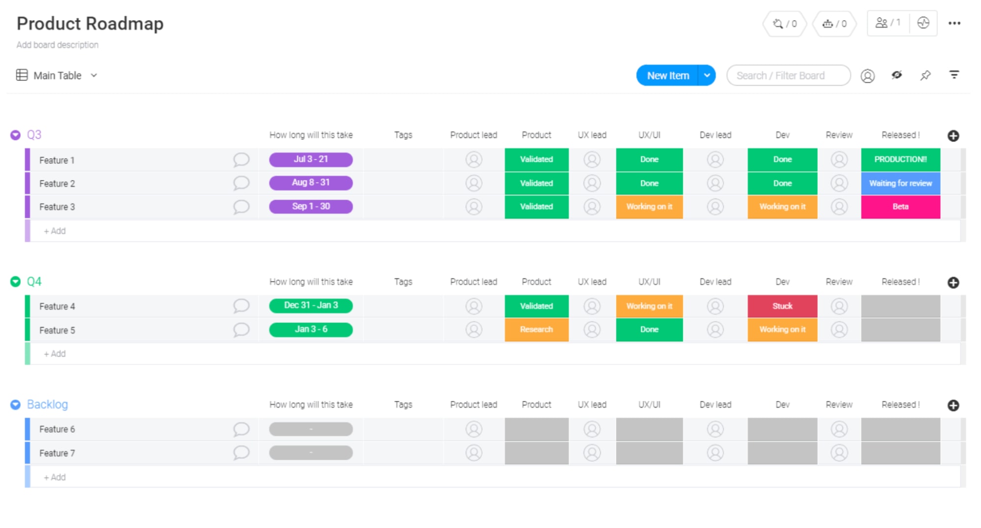 Screenshot of monday.com's Project Roadmap Template