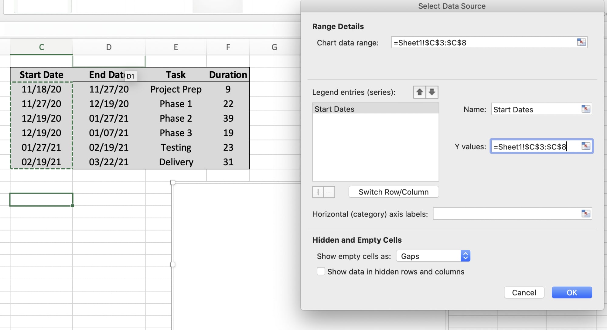 setting dates in an excel chart