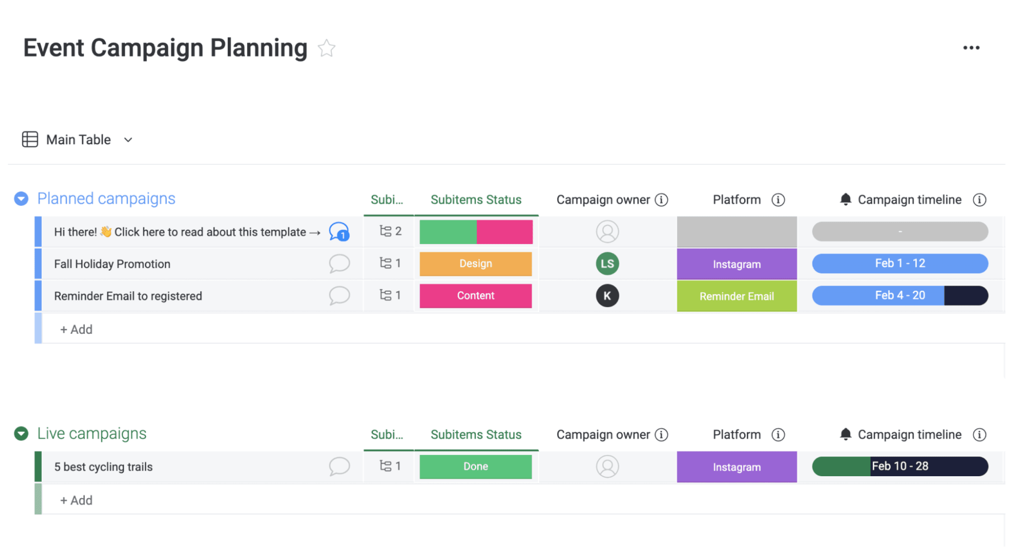 monday.com provides users with visibility of the entire event plan