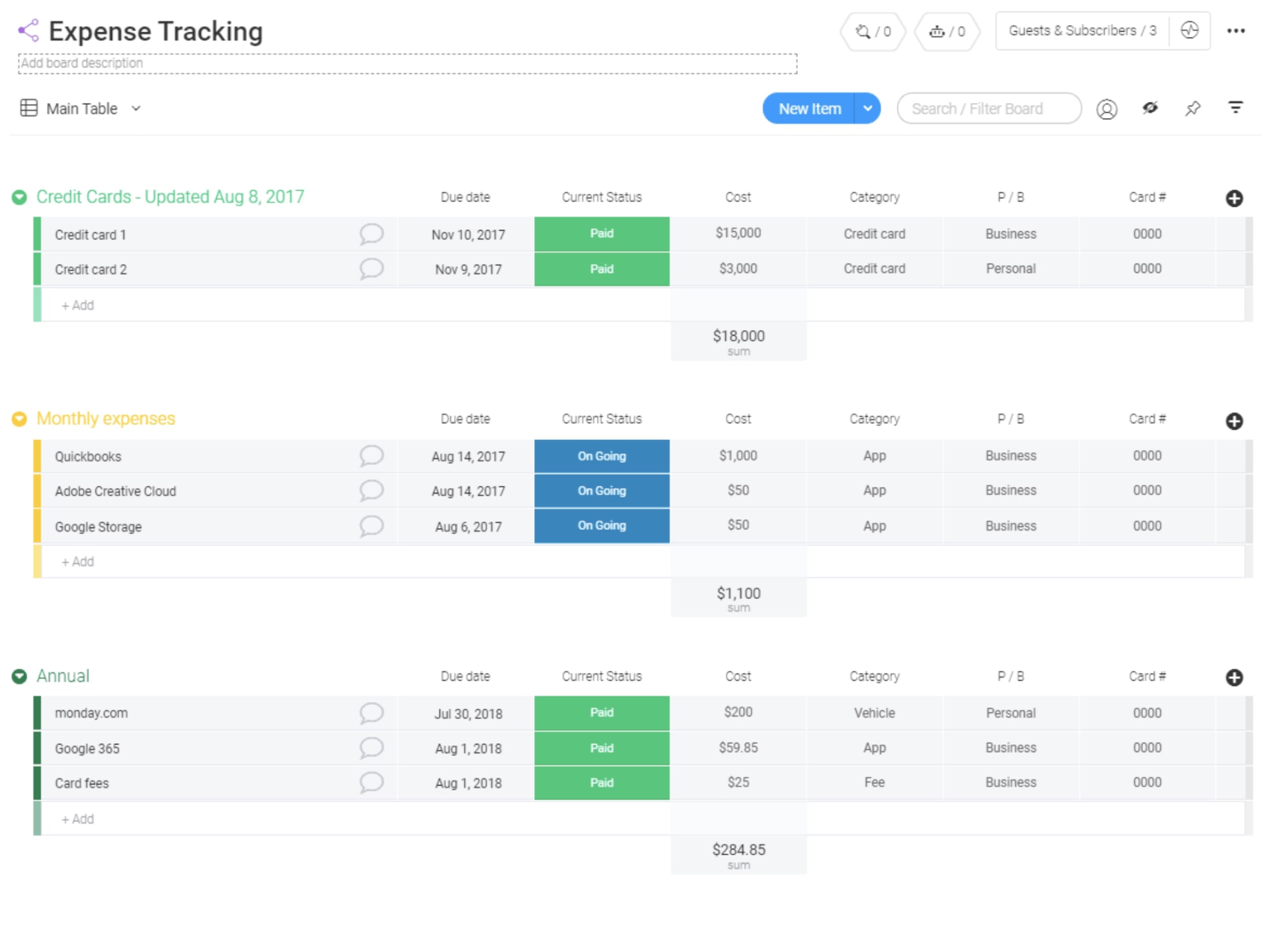 screenshot of monday.com Expense Tracking template