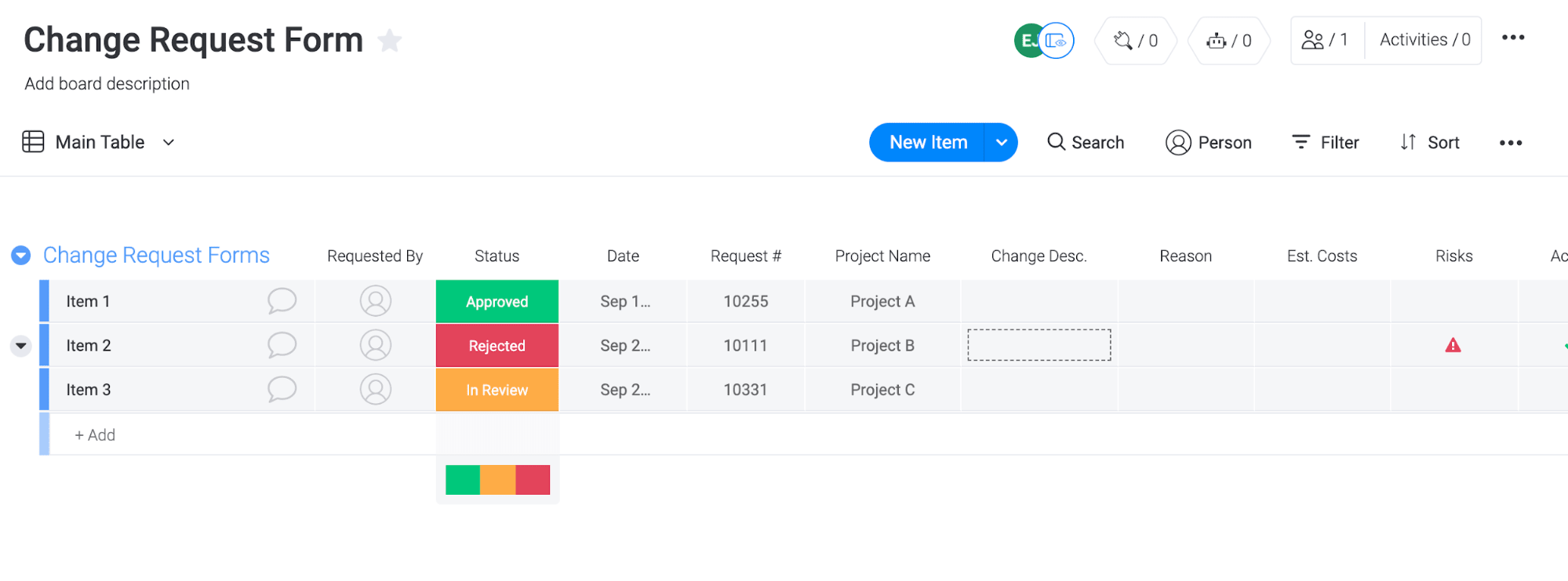 Example of monday.com change request form template