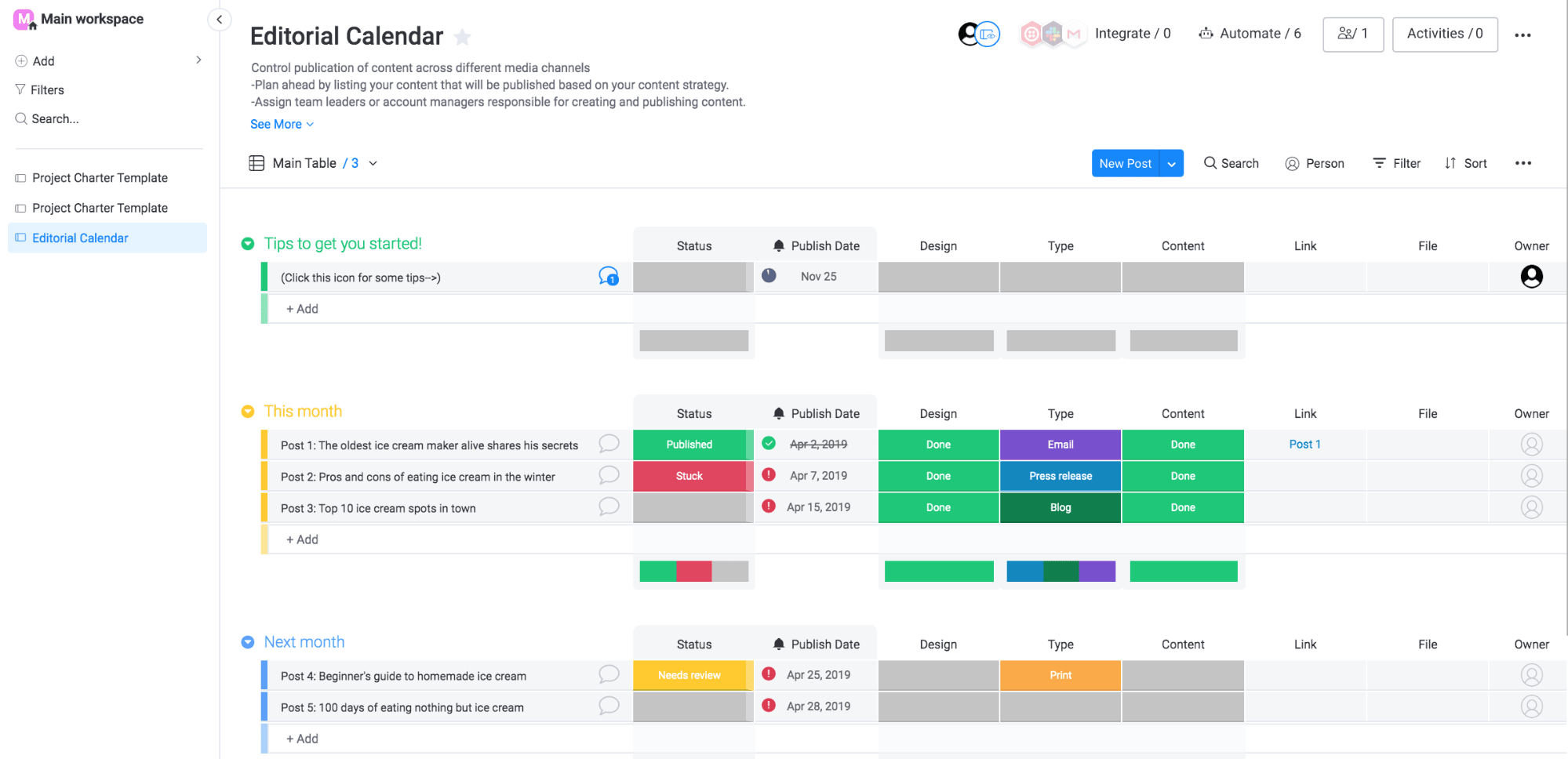 Monday com Calendar Template