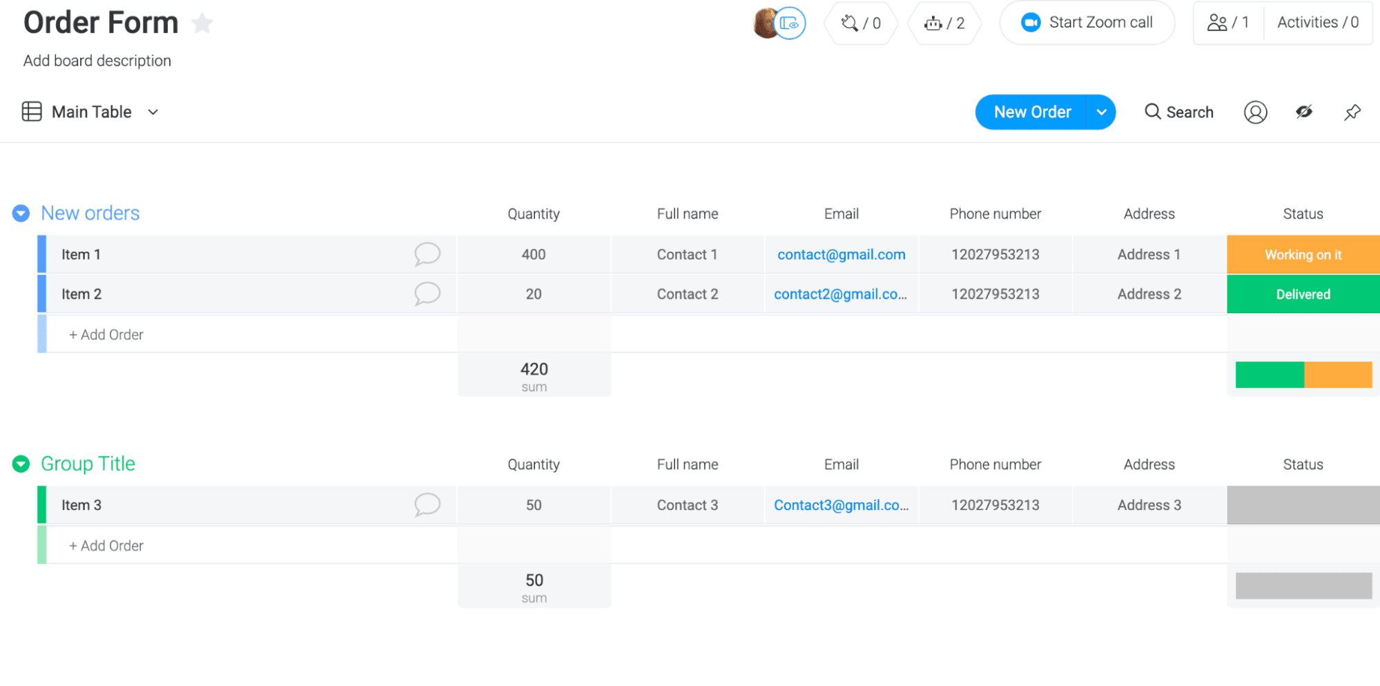 Example of an order form template on monday.com