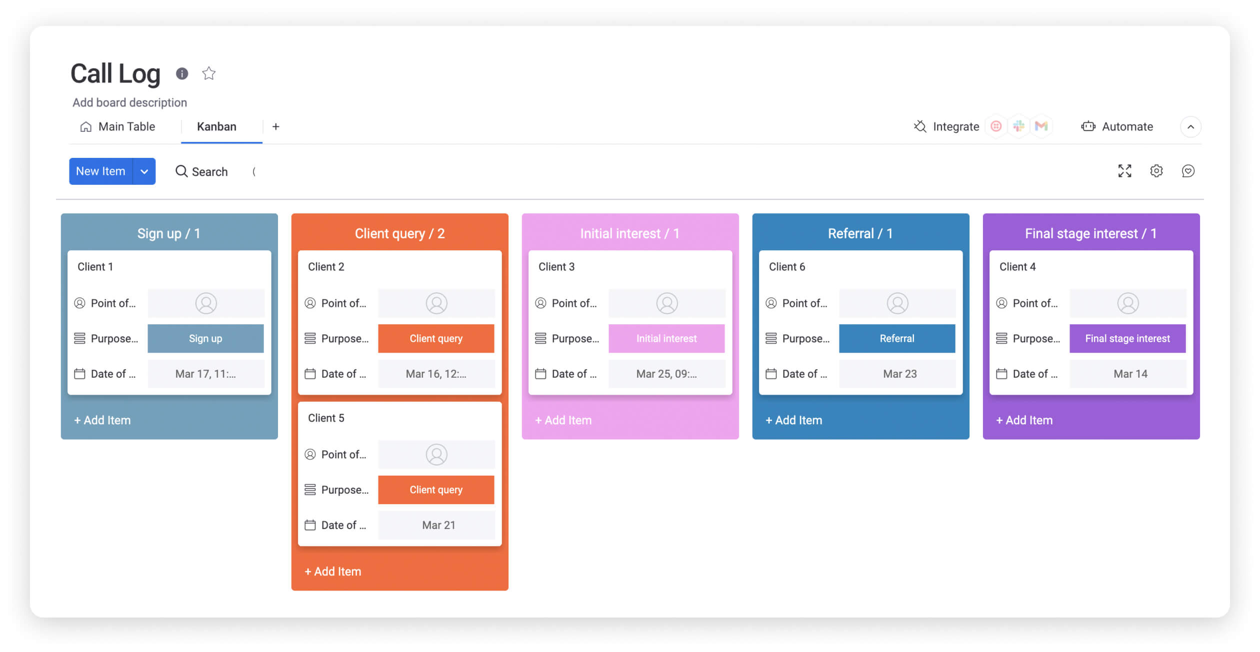 monday.com's call log kanban view screenshot