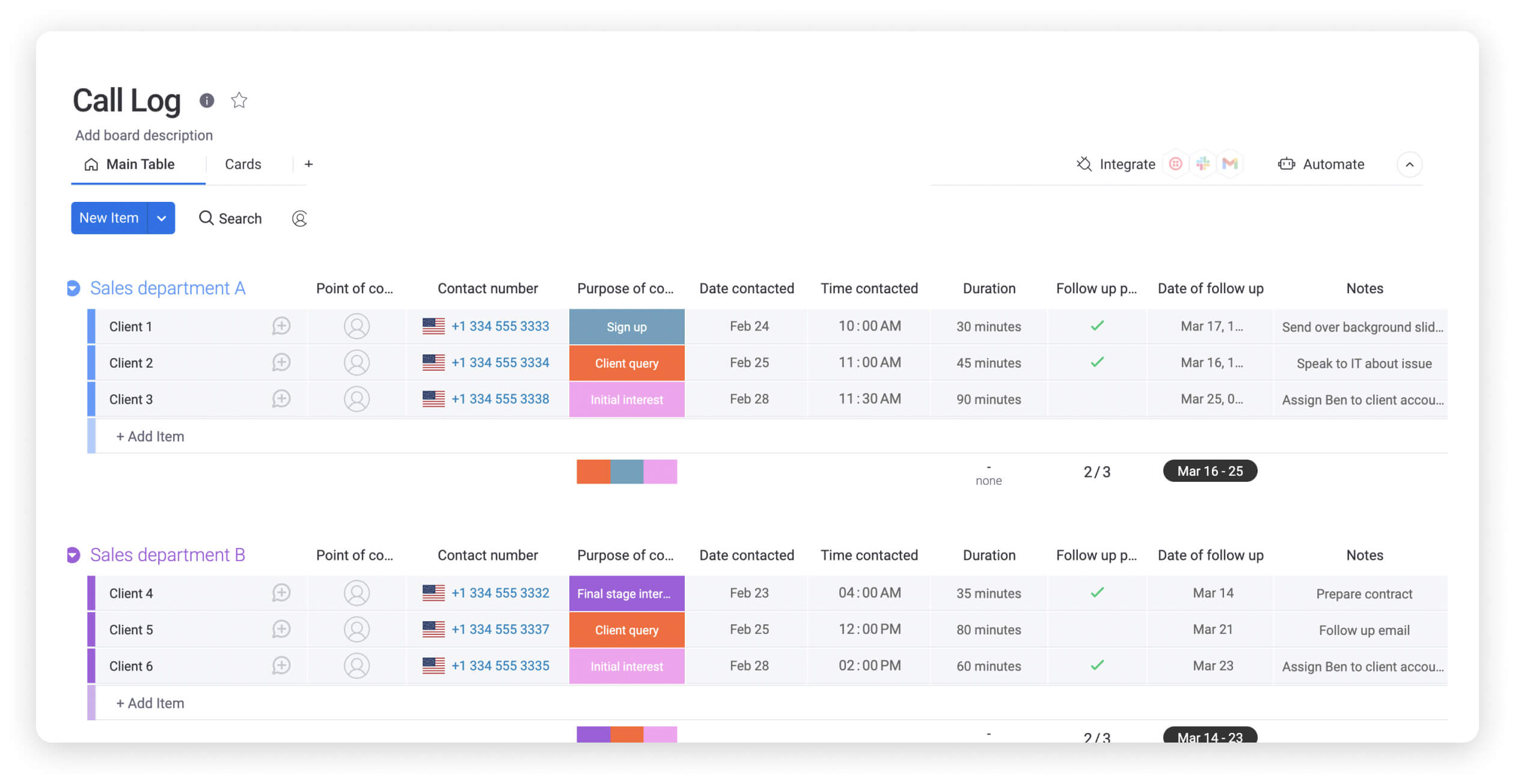 monday.com's call log main table view screenshot