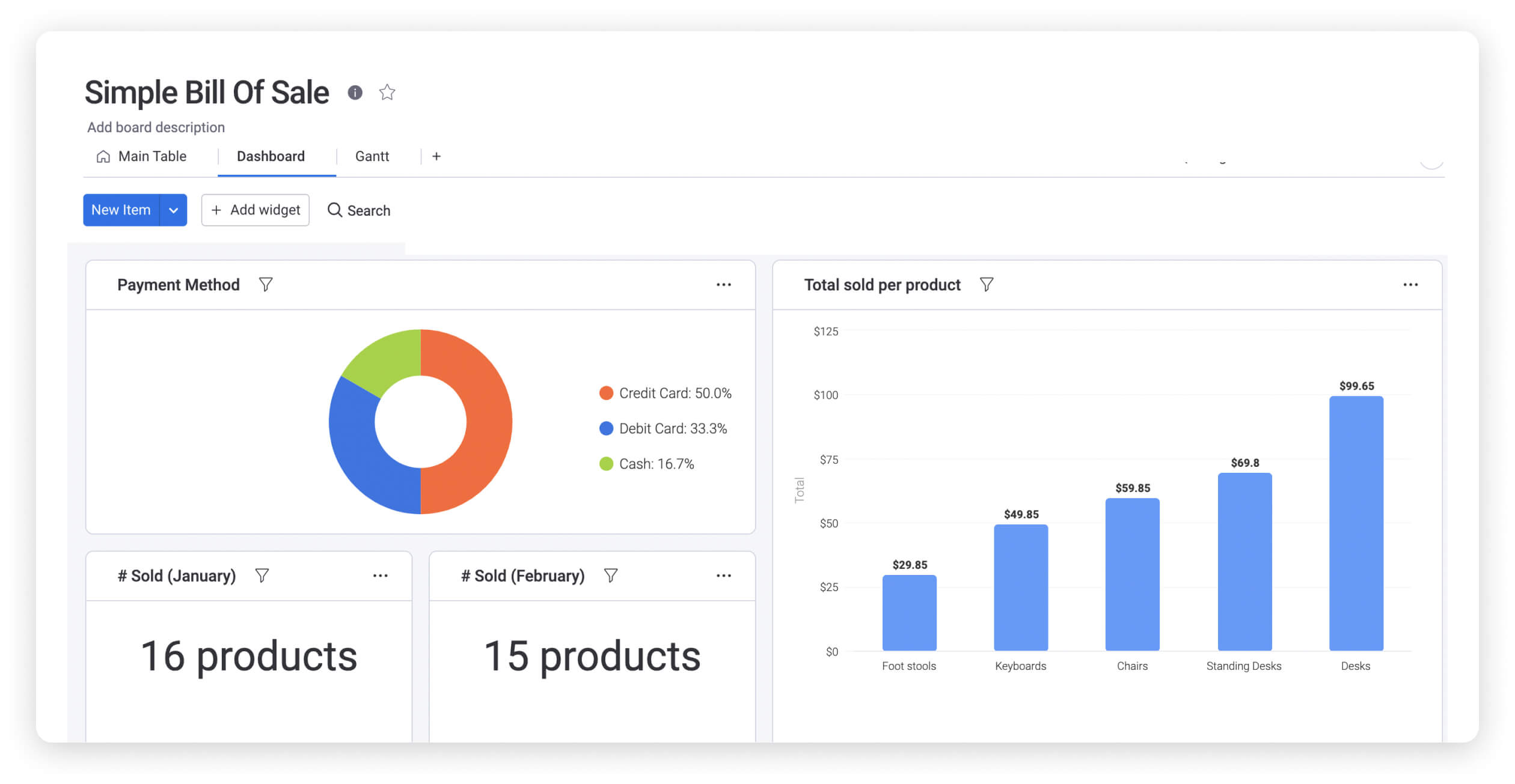 screenshot of simple bill of sale dashboard example