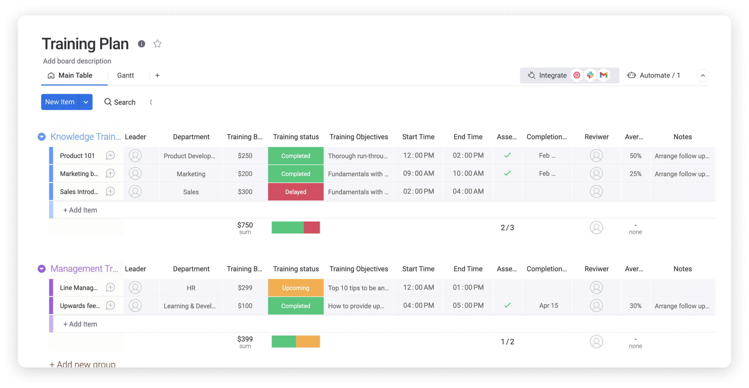 Training plan main table screenshot