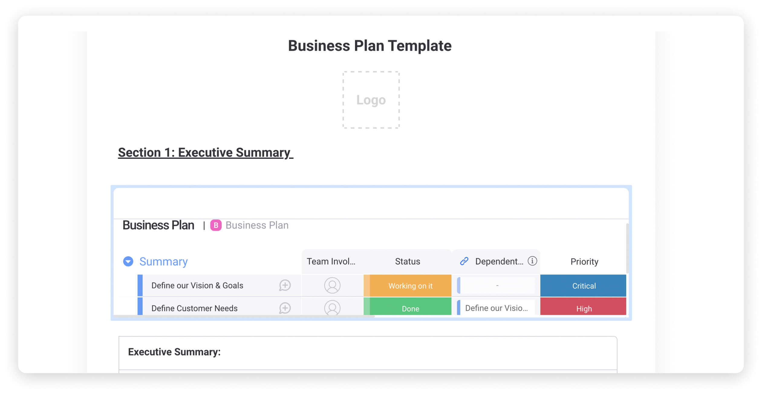 screenshot of Business Plan template example