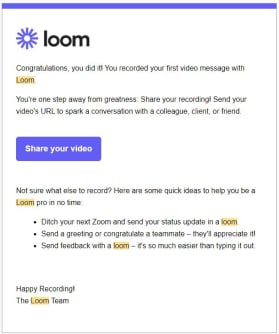 An example of an automated onboarding message in Loom. 