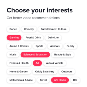 choose your interests page on tiktok 