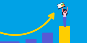 cartoon of a woman holding up a laptop