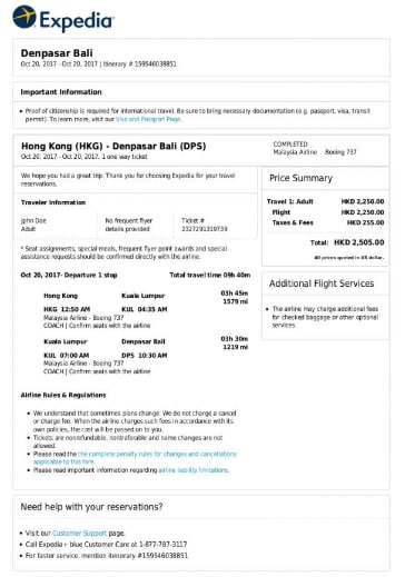 Fake Flight Itinerary Template