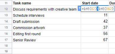 New table showing formula to calculate start date from the Project plan data