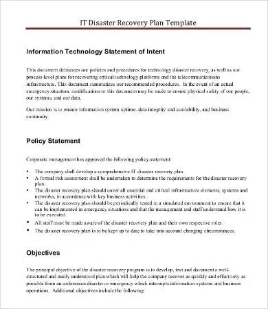 Example of an IT disaster recovery plan template